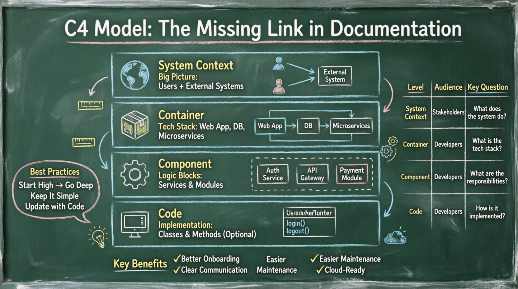 Chalkboard-style educational infographic explaining the C4 Model for software architecture documentation, showing the four hierarchical levels: System Context (users and external systems), Container (technology stack and runtime environments), Component (logical building blocks), and Code (implementation details), with target audiences, key questions, benefits like improved onboarding and communication, and best practices for maintaining clear architecture diagrams