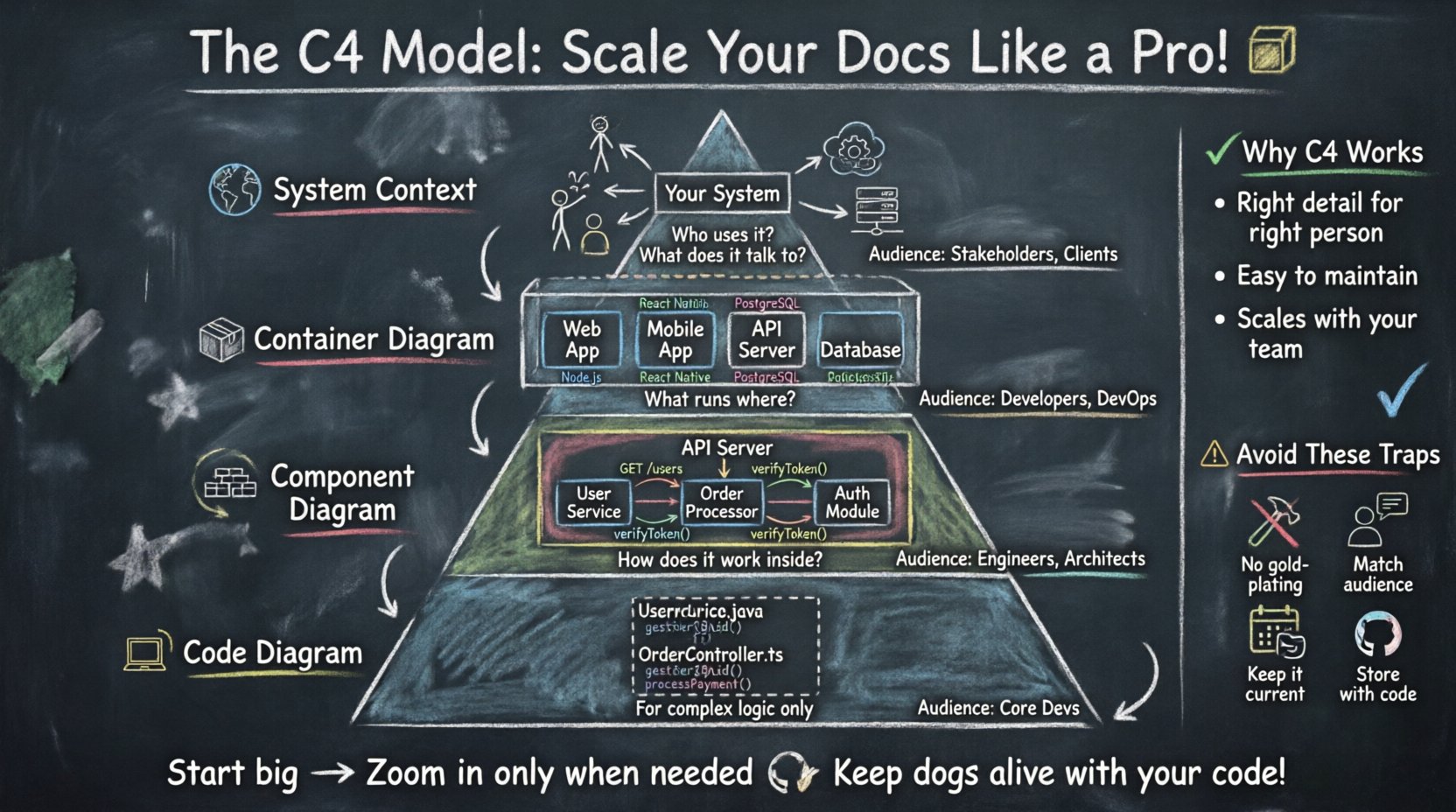 Chalkboard-style infographic explaining the C4 model for software architecture documentation, featuring four hierarchical diagram levels: System Context (business view), Container (runtime technologies), Component (internal structure), and Code (optional implementation details), with target audiences, key questions, and best practices for scalable technical documentation