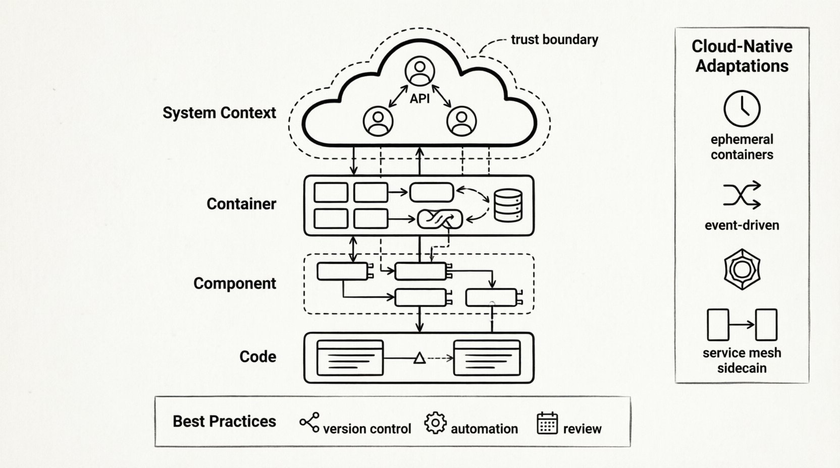 C4 Model for Cloud-Native Architectures infographic in line art style showing four hierarchical diagram levels: System Context with external users and cloud boundaries, Container level with microservices and serverless functions, Component level with internal modules and API contracts, and Code level with implementation details; includes cloud-native adaptations like ephemeral resources, asynchronous messaging, and service meshes, plus best practices for version control, automation, and documentation maintenance