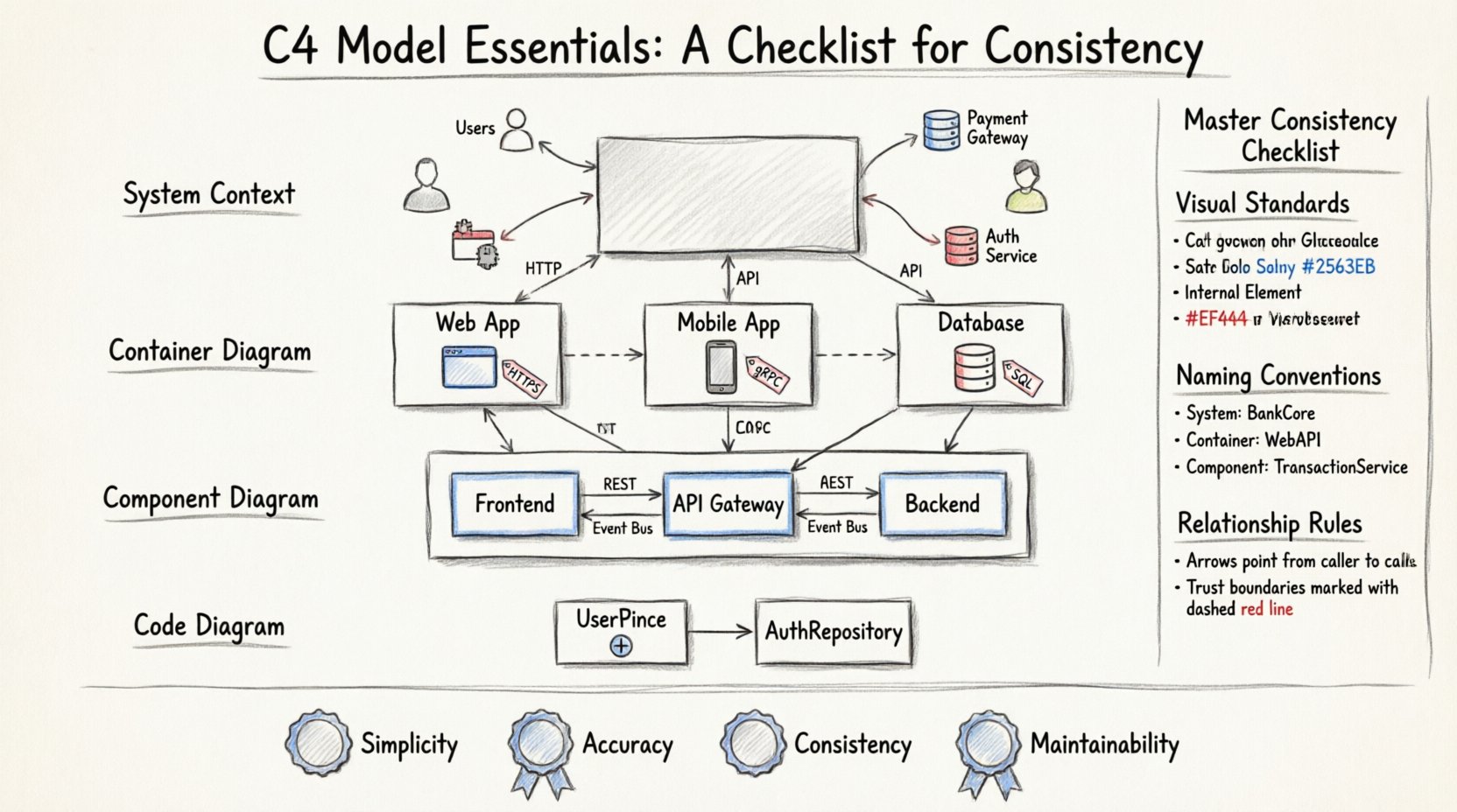 Sketch-style 16:9 infographic illustrating the C4 Model Essentials consistency checklist for software architecture documentation, featuring four hierarchical diagram levels: System Context (system boundaries with users and external dependencies), Container (deployable units with technology icons and protocol labels), Component (internal modular structure with interface contracts), and Code (class-level UML details); includes a master consistency checklist covering visual standards, naming conventions, and relationship rules, plus core principles of simplicity, accuracy, consistency, and maintainability; hand-drawn aesthetic with pencil lines, subtle shading, and color accents distinguishing internal (blue) and external (red) elements