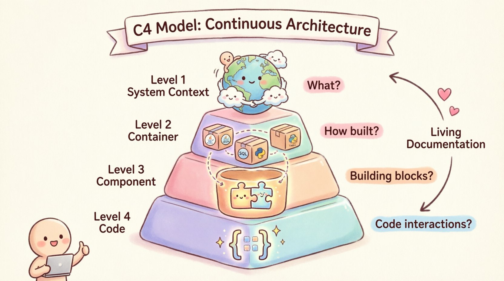 Kawaii-style infographic illustrating the C4 Model framework for continuous software architecture, featuring a cute 4-tier pyramid with pastel colors: Level 1 System Context showing users and external systems, Level 2 Container diagram with runtime environments, Level 3 Component view with modular building blocks, and Level 4 Code level with class interactions, all designed with rounded shapes, friendly icons, and visual cues for living documentation and team collaboration