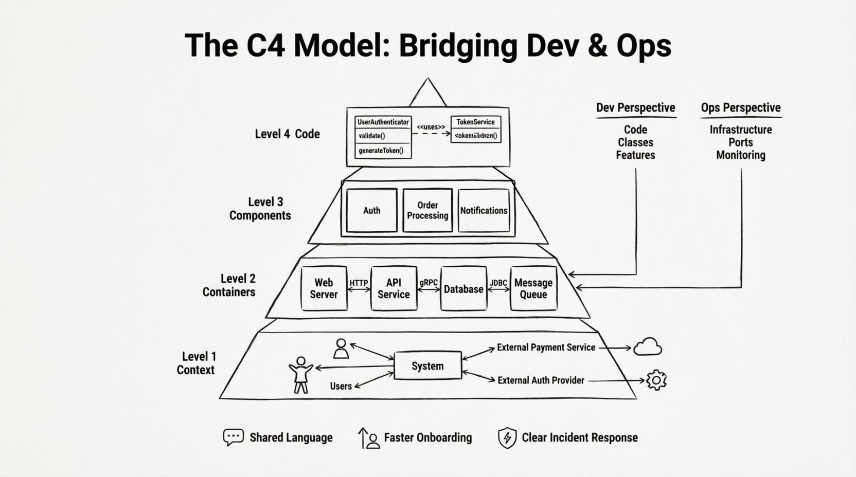 Line art infographic illustrating the C4 Model for software architecture showing four hierarchical levels: Context, Containers, Components, and Code, demonstrating how each level bridges development and operations teams through shared visual documentation