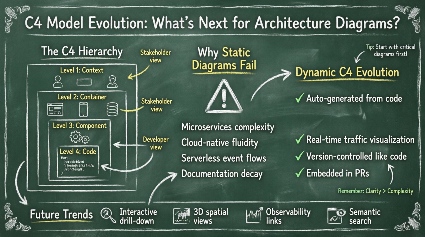 Chalkboard-style infographic illustrating the evolution of the C4 Model for software architecture diagrams, showing the four hierarchical levels (Context, Container, Component, Code), challenges of static diagrams in cloud-native environments, benefits of dynamic auto-generated documentation, and future trends including AI assistance, interactive explorers, and observability integration, presented in a teacher-friendly handwritten chalk aesthetic with clear visual flow and educational annotations