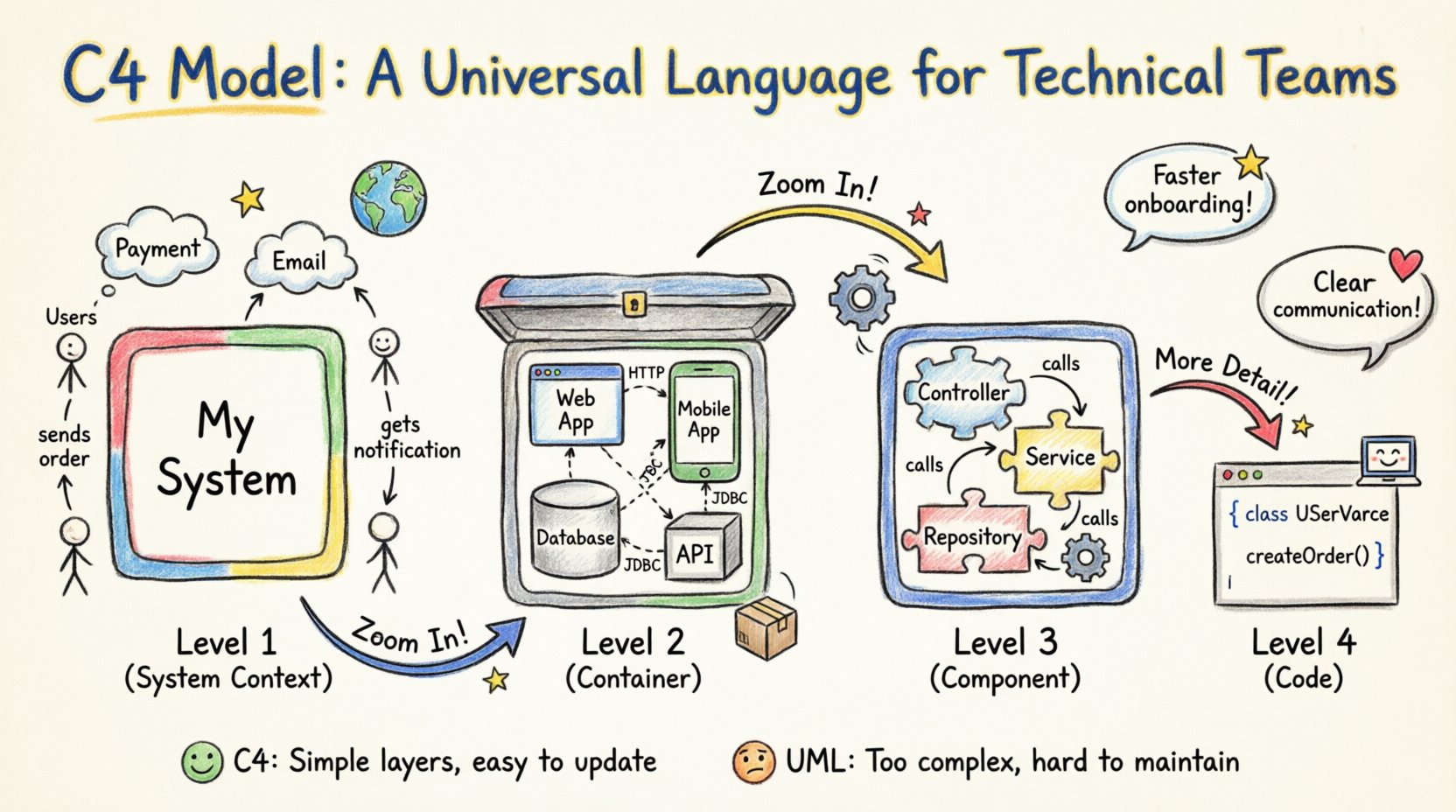 Child's drawing style infographic illustrating the C4 Model for software architecture with four zoom levels: System Context showing users and external systems around a central application box, Container Diagram displaying web apps, mobile apps, APIs and databases, Component Diagram revealing internal modules like controllers and services, and Code Diagram with simple class symbols, all connected by playful zoom arrows in bright crayon colors with hand-drawn icons, speech bubbles highlighting benefits like faster onboarding and better teamwork, and a simple C4 vs UML comparison at the bottom