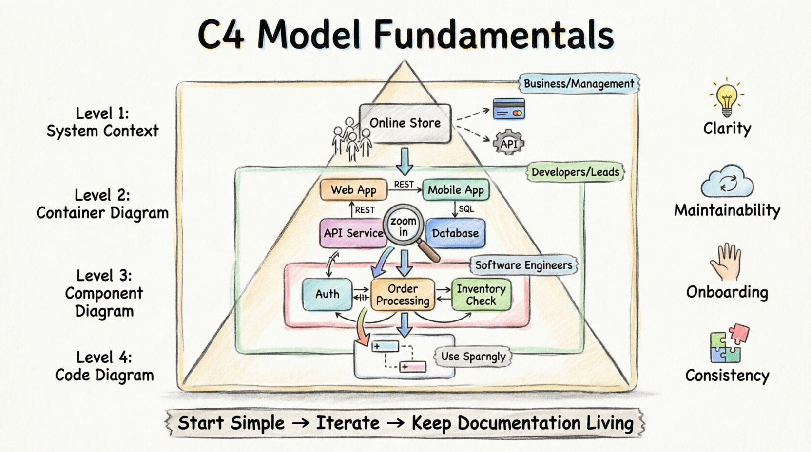 C4 Model Fundamentals infographic in marker illustration style showing four hierarchical levels of software architecture: System Context (business stakeholders), Container (technical leads), Component (developers), and Code (deep dive), with hand-drawn visual elements illustrating zoomable abstraction, key audiences, data flows, and best practices for architectural documentation