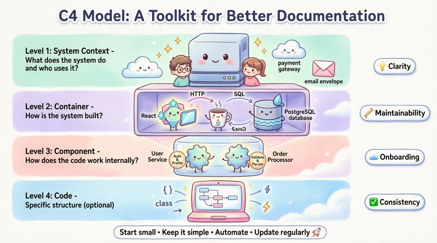 Kawaii-style infographic illustrating the C4 Model's four levels of software architecture documentation: System Context showing users and external systems, Container level with apps and databases, Component level with functional modules, and Code level with class diagrams, featuring cute pastel characters and icons to help teams create clear, maintainable documentation