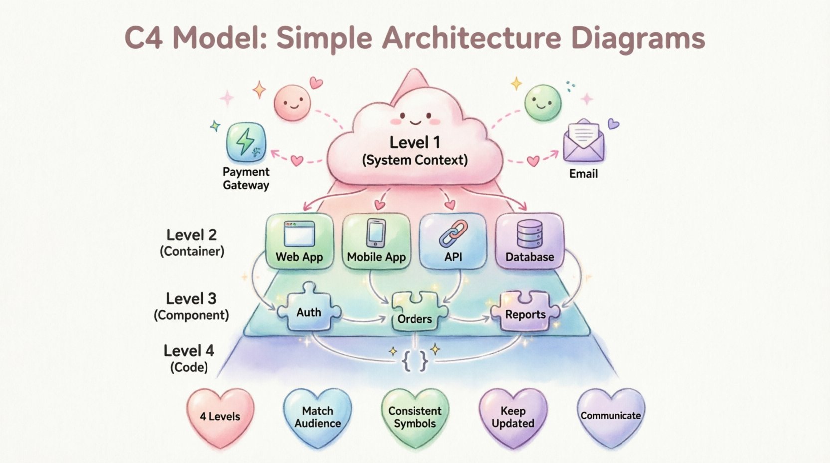 Kawaii-style infographic illustrating the C4 Model for software architecture: a 4-tier visual guide showing System Context (users and external systems), Container (web apps, APIs, databases), Component (auth, orders, reporting modules), and Code levels, with pastel colors, cute icons, and key best practices for clear technical documentation