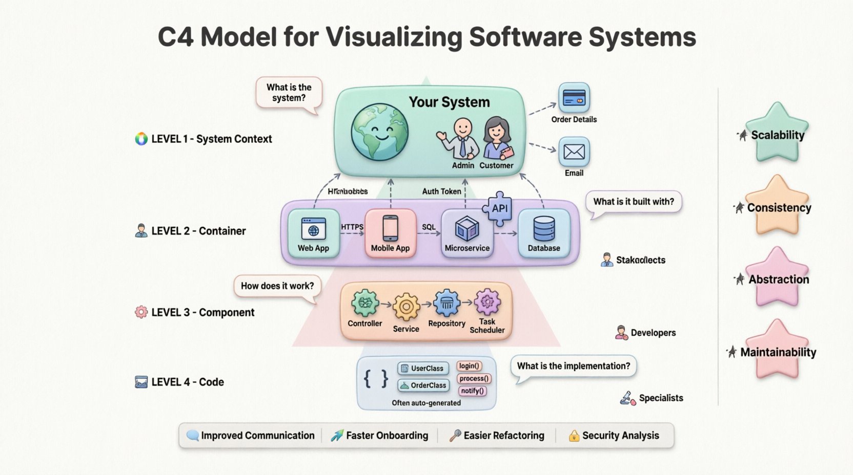 Kawaii cute vector infographic explaining the C4 Model for software architecture visualization, featuring four hierarchical levels: System Context diagram showing system boundaries and users, Container diagram with web apps and databases, Component diagram with internal logic blocks, and Code diagram with classes and methods. Pastel color palette with mint green, lavender, and peach, rounded shapes, friendly icons, and labels for target audiences including stakeholders, architects, and developers. Key principles highlighted: scalability, consistency, abstraction, maintainability.