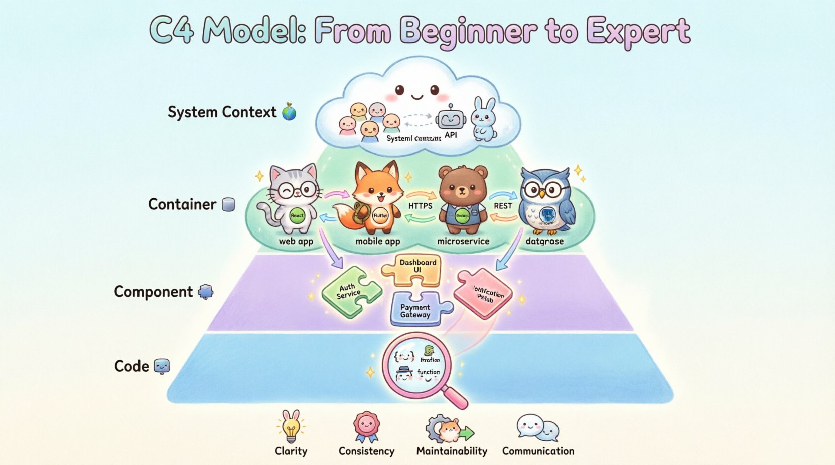 Kawaii-style infographic illustrating the C4 Model for software architecture with four hierarchical levels: System Context showing users and external systems, Container level with runtime environments like web apps and databases, Component level with modular functionality blocks, and Code level with implementation details, all depicted with cute characters, soft pastel colors, and playful icons to visualize architectural abstraction from big picture to technical details