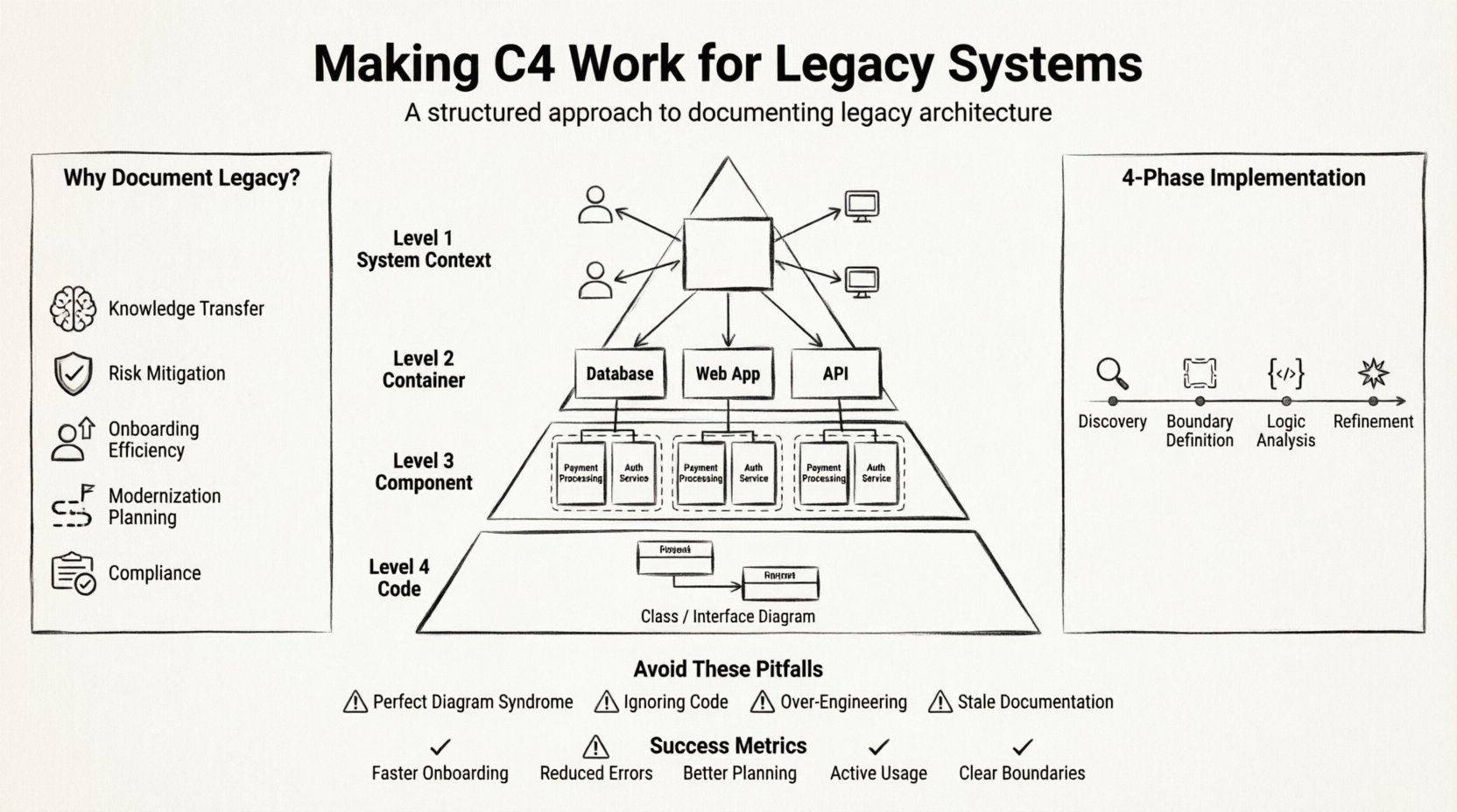 Line art infographic explaining how to apply the C4 model (Context, Container, Component, Code) to document and modernize legacy software systems, showing the four architecture levels, implementation phases, key benefits, common pitfalls, and success metrics