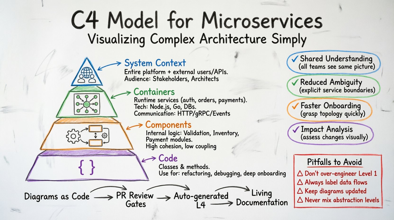 Hand-drawn whiteboard infographic illustrating the C4 Model for Microservices architecture with four color-coded levels: System Context (blue) showing users and external APIs, Containers (green) depicting runtime microservices with tech stacks and protocols, Components (orange) breaking down internal service modules, and Code (purple) for class-level details; includes key benefits like shared understanding and faster onboarding, implementation workflow from diagrams-as-code to living documentation, and red-marked pitfalls to avoid such as over-engineering or mixing abstraction levels