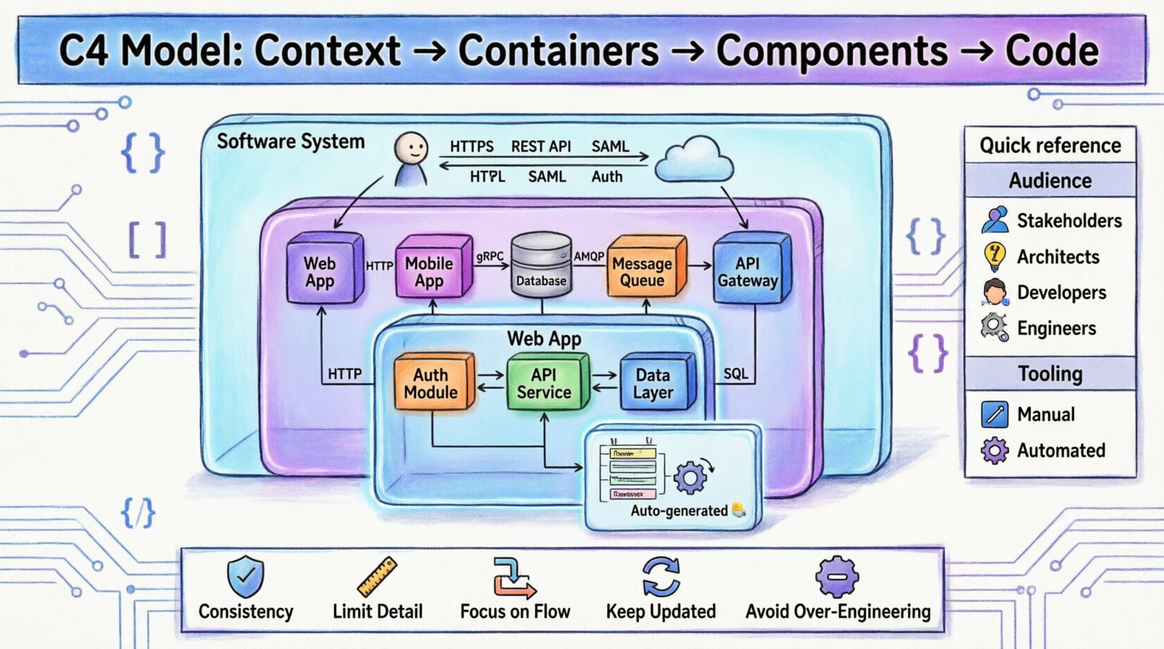 Cartoon infographic illustrating the C4 Model for software architecture documentation, showing four hierarchical levels: System Context (people and external systems interacting with a software boundary), Containers (deployable units like web apps and databases), Components (internal logical modules), and Code (implementation details), with audience guides, best practices, and visual flow indicators for effective technical communication