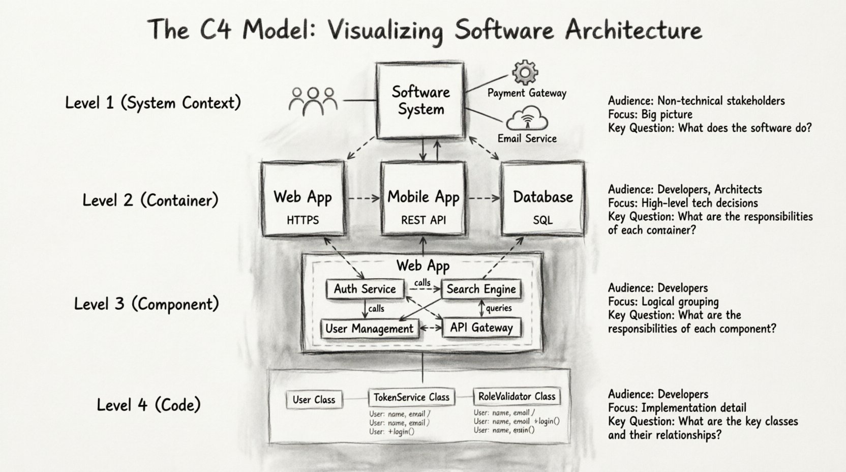 Charcoal sketch infographic illustrating the C4 Model hierarchy for software architecture: four ascending levels showing System Context (people and external systems), Container (deployable units like web apps and databases), Component (internal logical modules), and Code (class structures), each labeled with audience, focus, and key questions in hand-drawn contour style