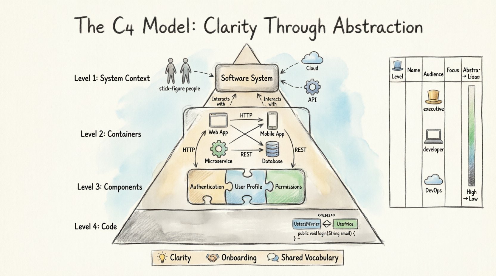 Hand-drawn infographic illustrating the C4 Model for software architecture: a 4-level hierarchical diagram showing System Context (people and external systems interacting with a software boundary), Containers (deployable units like web apps, mobile apps, microservices, databases), Components (logical code modules like Authentication and User Profile), and Code (implementation details). Includes audience mapping for executives, developers, and DevOps engineers, with visual cues for abstraction levels, key benefits like clarity and onboarding, and implementation tips. Designed in warm watercolor hand-sketched style, 16:9 aspect ratio.