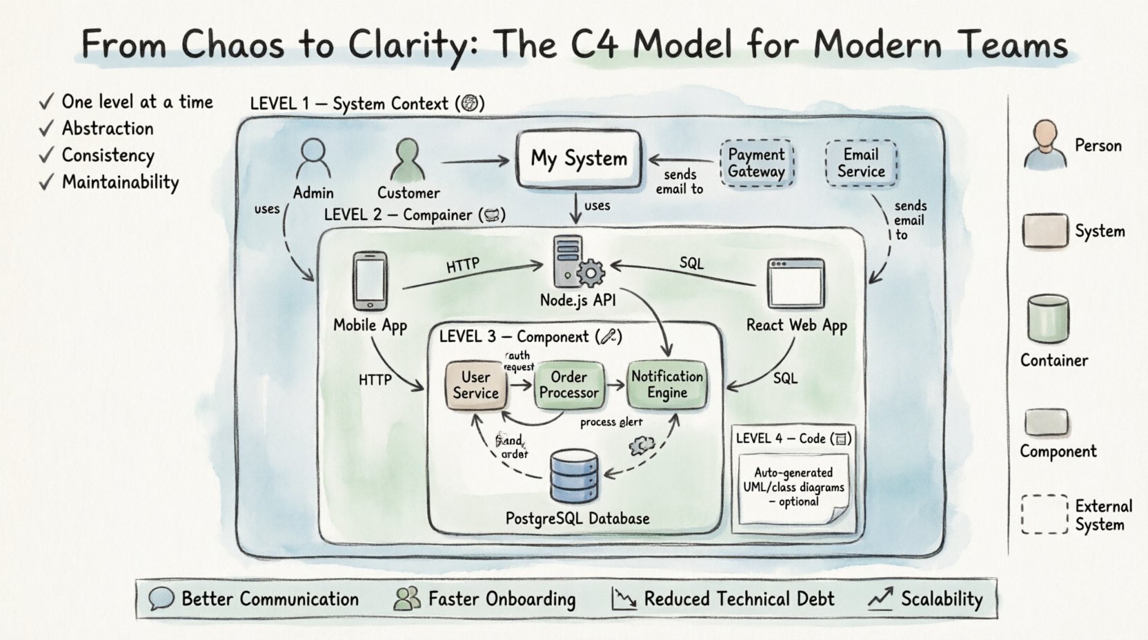 Hand-drawn infographic explaining the C4 Model for software architecture: four hierarchical diagram levels (System Context, Container, Component, Code) with visual conventions, key principles, and benefits like better communication, faster onboarding, and reduced technical debt for modern development teams
