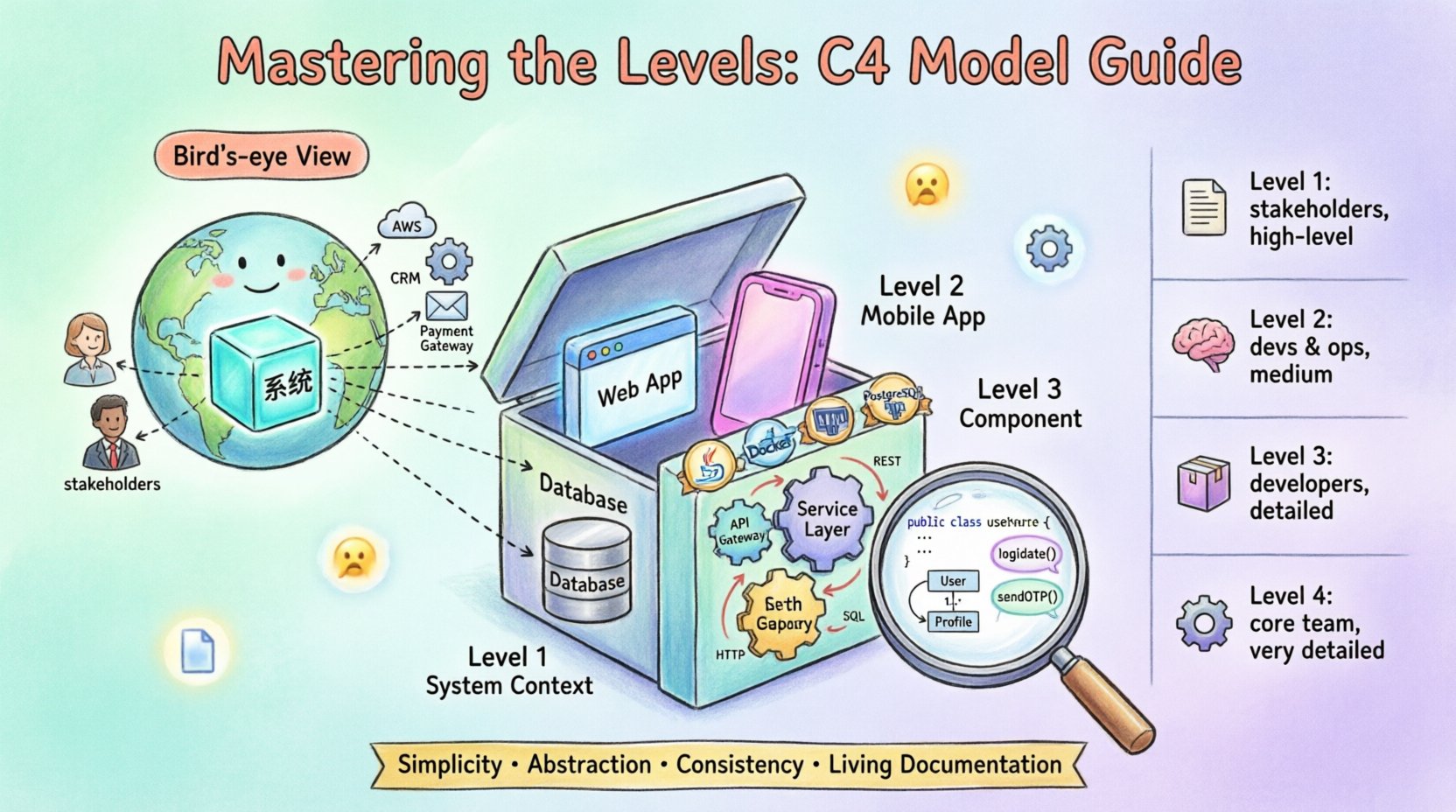 Whimsical infographic illustrating the C4 Model for software architecture documentation, showing four hierarchical levels: System Context (global view with users and external systems), Container (deployment units like web apps and databases), Component (internal logic modules), and Code (class-level details), with audience guides, key principles, and a comparison table in a playful hand-drawn style with pastel colors