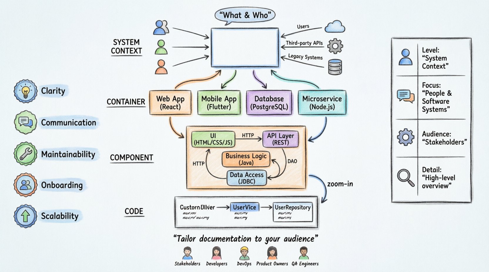 Marker-style infographic of the C4 Model for software architecture showing four hierarchical diagram levels: System Context (system boundaries and users), Container (deployable units like web apps and databases), Component (internal modules like API and business logic), and Code (classes/objects); includes audience targeting for stakeholders/developers/DevOps, key benefits like clarity and scalability, and visual zoom-in progression from high-level overview to detailed implementation