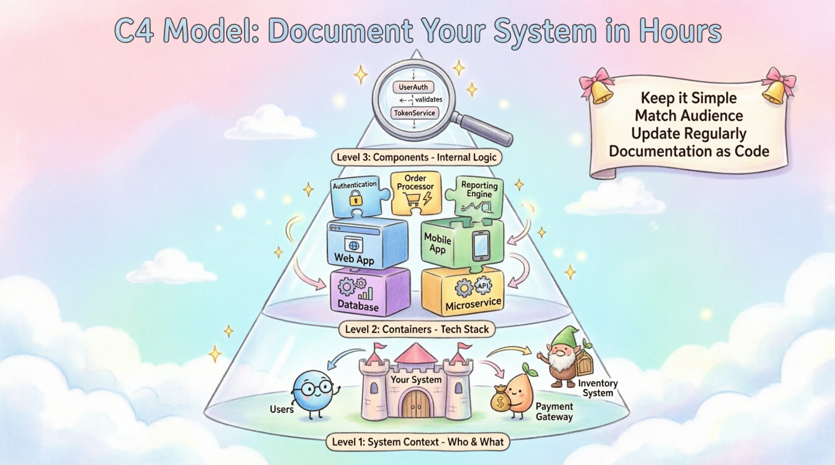 Whimsical infographic illustrating the C4 Model for software architecture documentation: a four-level hierarchical pyramid showing Level 1 System Context (users and external systems around a central system), Level 2 Container Diagram (deployable units like web apps, databases, microservices), Level 3 Component Diagram (internal logical components), and Level 4 Code Diagram (optional class details). Features playful pastel illustrations, friendly icons, flowing data arrows, and key best practices: keep it simple, match audience, update regularly, documentation as code. Designed for developers, architects, and stakeholders to visualize system architecture at appropriate abstraction levels.
