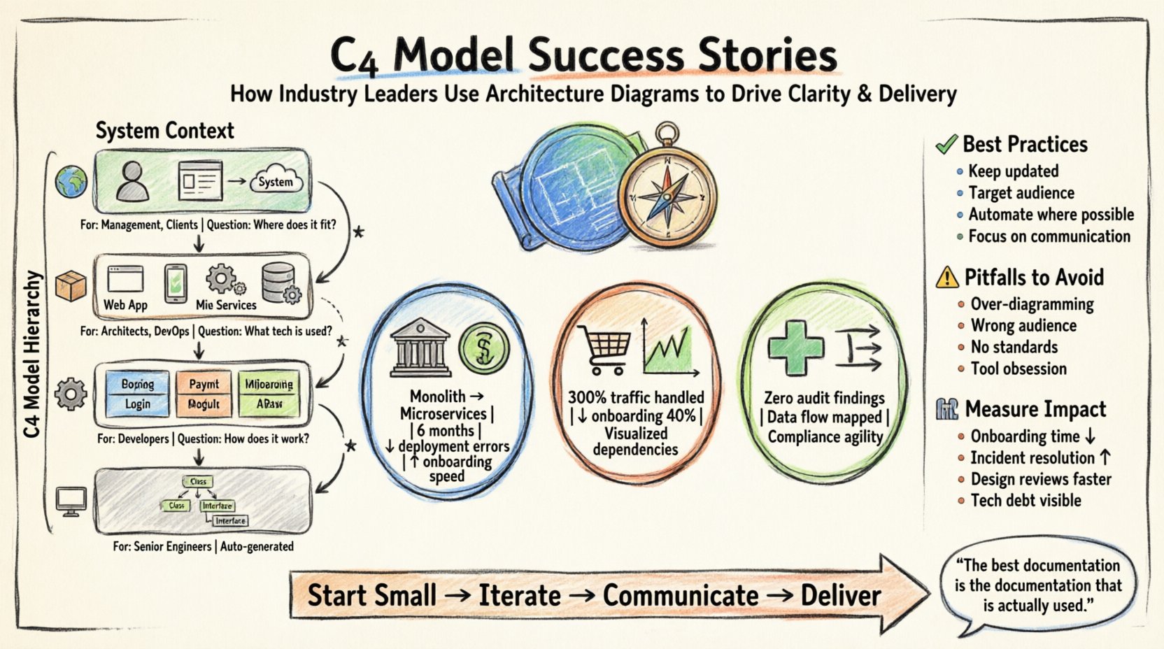 Marker-style infographic illustrating C4 Model Success Stories from Industry Leaders: displays the four-level C4 hierarchy (System Context, Container, Component, Code) with target audiences and key questions; showcases three real-world case studies—banking modernization, e-commerce scaling, healthcare compliance—with measurable outcomes like reduced deployment errors, 40% faster onboarding, and zero audit findings; includes best practices (keep updated, target audience, automate, communicate) and common pitfalls to avoid; designed in colorful hand-drawn marker illustration style for engaging visual communication of software architecture principles.