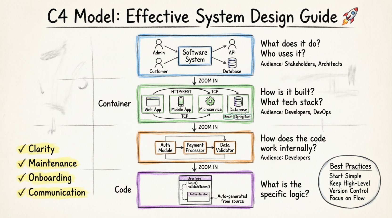 Hand-drawn whiteboard infographic illustrating the C4 Model for software architecture with four color-coded levels: System Context (blue) showing users and external systems, Container (green) displaying deployable units like web apps and microservices, Component (orange) revealing internal code modules, and Code (purple) with class diagrams; includes target audiences, key questions, and best practices for effective system documentation.