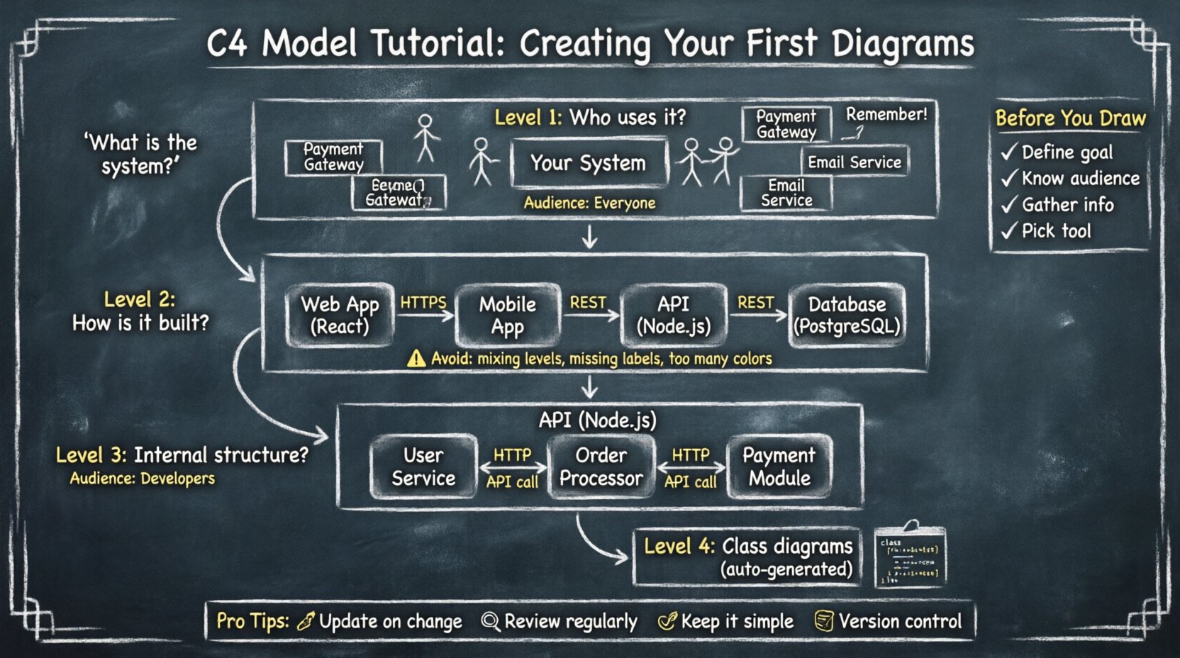 Chalkboard-style educational infographic explaining the C4 Model for software architecture visualization, featuring four hierarchical diagram levels: System Context (who uses the system), Container (how it's built with technologies), Component (internal module structure), and Code (class interactions), plus preparation checklist, common mistakes to avoid, and maintenance tips—all presented in a hand-written teacher aesthetic with chalk-drawn diagrams, stick figures, and doodle arrows on a dark slate background