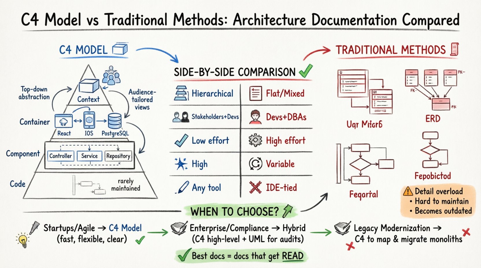 Hand-drawn whiteboard infographic comparing C4 Model and Traditional software architecture documentation approaches, featuring the four C4 abstraction levels (Context, Container, Component, Code), traditional UML/ERD diagrams, side-by-side feature comparison table, pros and cons lists, and recommendations for startups, enterprise, and legacy system scenarios