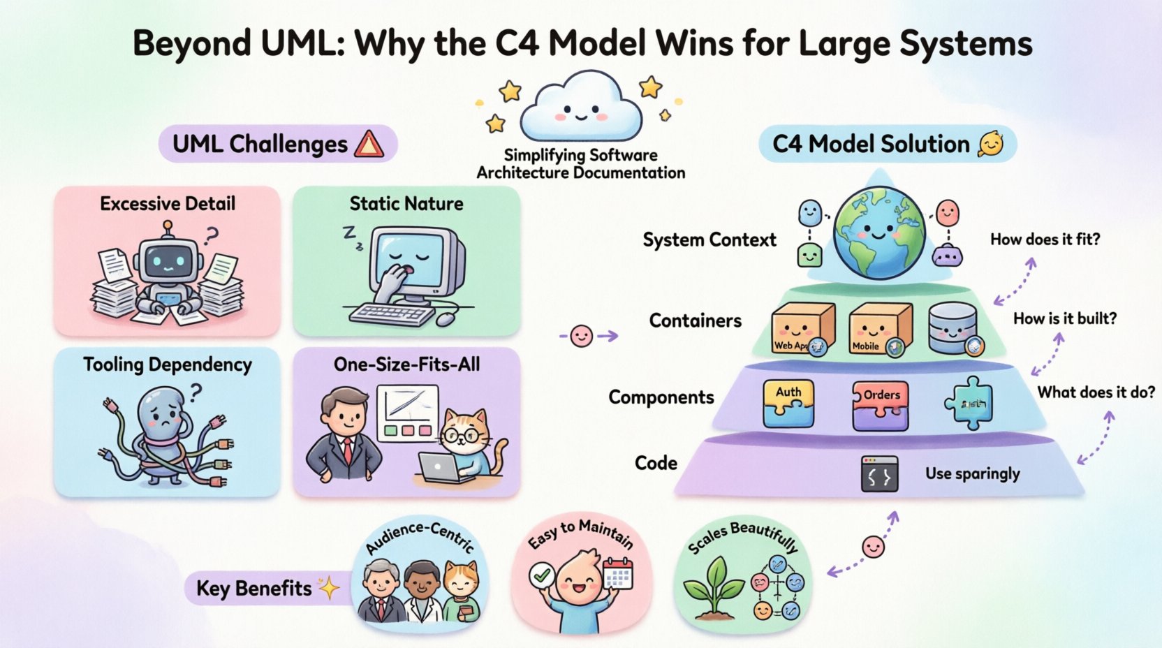 Kawaii-style infographic comparing UML and C4 Model for software architecture documentation, illustrating four abstraction levels (System Context, Containers, Components, Code) with cute pastel vector illustrations, rounded shapes, and audience-centric benefits for large-scale systems development