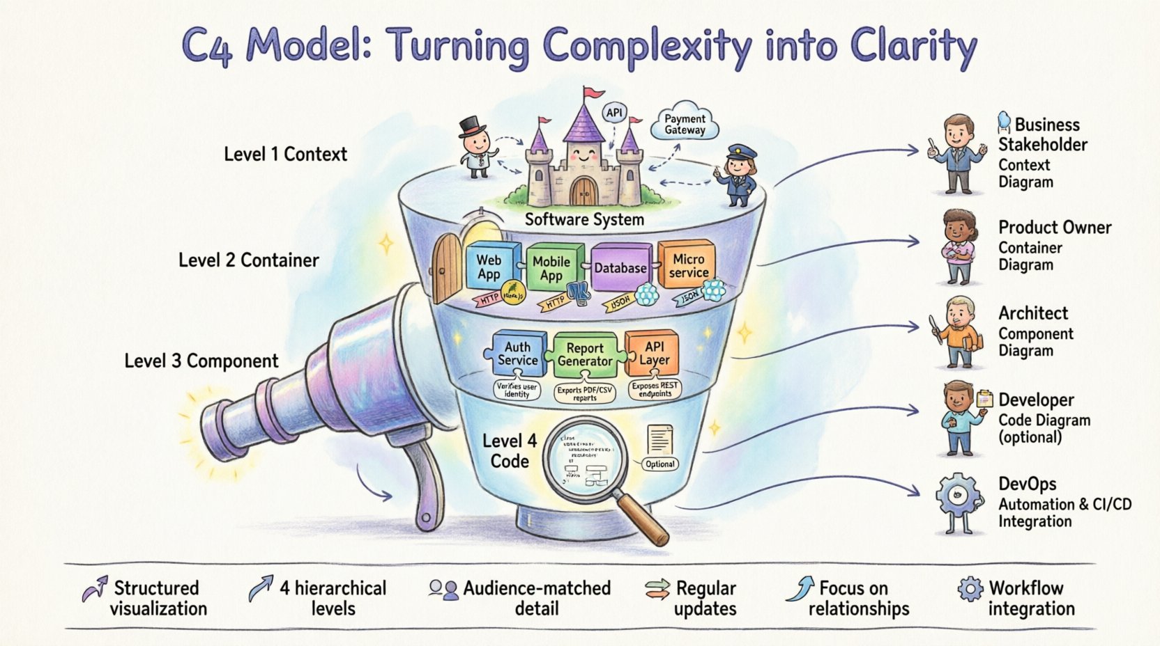 Whimsical 16:9 infographic illustrating the C4 Model for software architecture with four hierarchical levels: Context Diagram showing system landscape with users and external systems, Container Diagram displaying technology stack and deployable units, Component Diagram breaking down functional blocks, and optional Code Diagram with implementation details; features playful illustrations, soft pastel colors, audience guide matching stakeholders to appropriate diagram levels, and key takeaways for effective architecture documentation