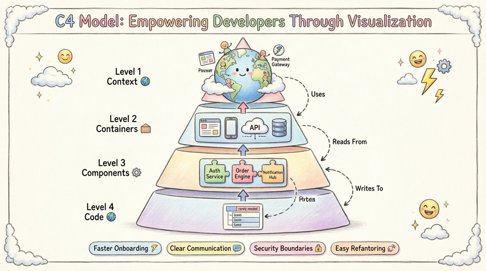 Whimsical infographic illustrating the C4 Model for software architecture visualization, featuring four hierarchical zoom levels: Context (global view with users and external systems), Containers (deployable units like web apps, APIs, databases), Components (internal modular building blocks), and Code (implementation details), with playful hand-drawn icons, labeled relationship arrows, trust boundary indicators, and key engineering benefits including faster onboarding, clearer communication, security auditing, and refactoring support, designed in pastel colors with a 16:9 aspect ratio for presentations and documentation