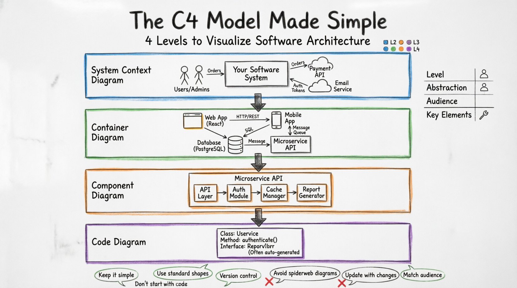 Hand-drawn whiteboard infographic explaining the C4 Model for software architecture, showing four hierarchical levels (System Context, Container, Component, Code) with color-coded markers, target audiences, key elements, and best practices for visualizing software system design