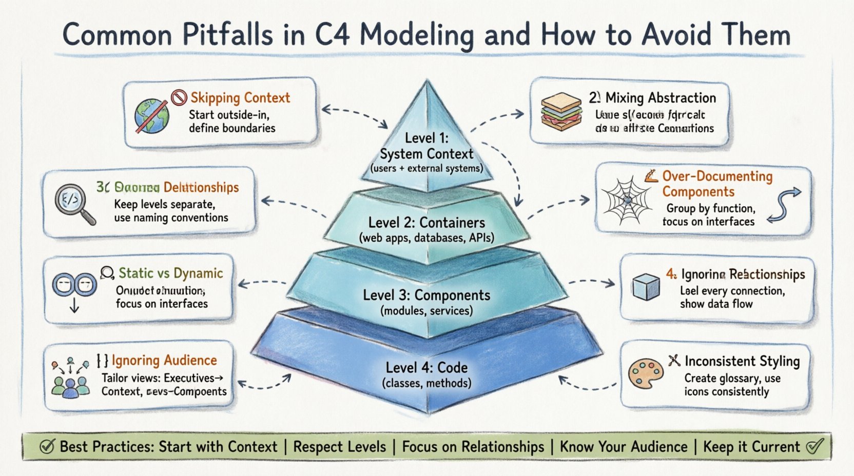 Marker illustration infographic: Common Pitfalls in C4 Modeling and How to Avoid Them. Features a central 4-level C4 hierarchy pyramid (System Context, Containers, Components, Code) surrounded by 8 numbered pitfall cards with icons and solutions: skipping context, mixing abstraction levels, over-documenting components, ignoring relationships, confusing static/dynamic models, over-documenting code, ignoring audience, inconsistent styling. Bottom banner highlights 5 best practices. Hand-drawn marker aesthetic with color-coded sections, clear labels, and connecting arrows. 16:9 aspect ratio, English language.