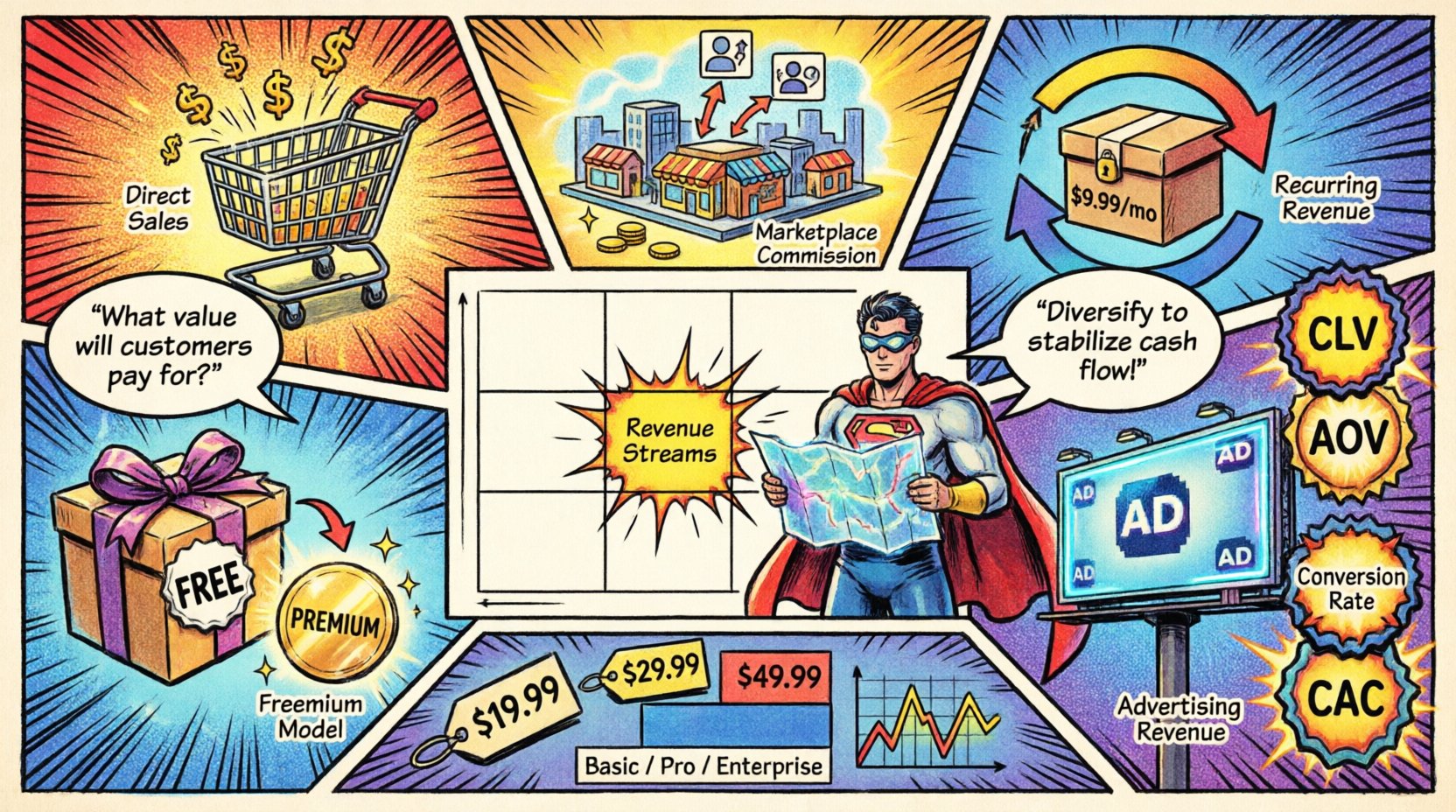 Comic book style infographic illustrating how to map e-commerce revenue streams on the Business Model Canvas, featuring monetization models like direct sales, subscriptions, marketplace, freemium, and advertising, with pricing strategies, key metrics (CLV, AOV, CAC), and strategic alignment tips for online business growth