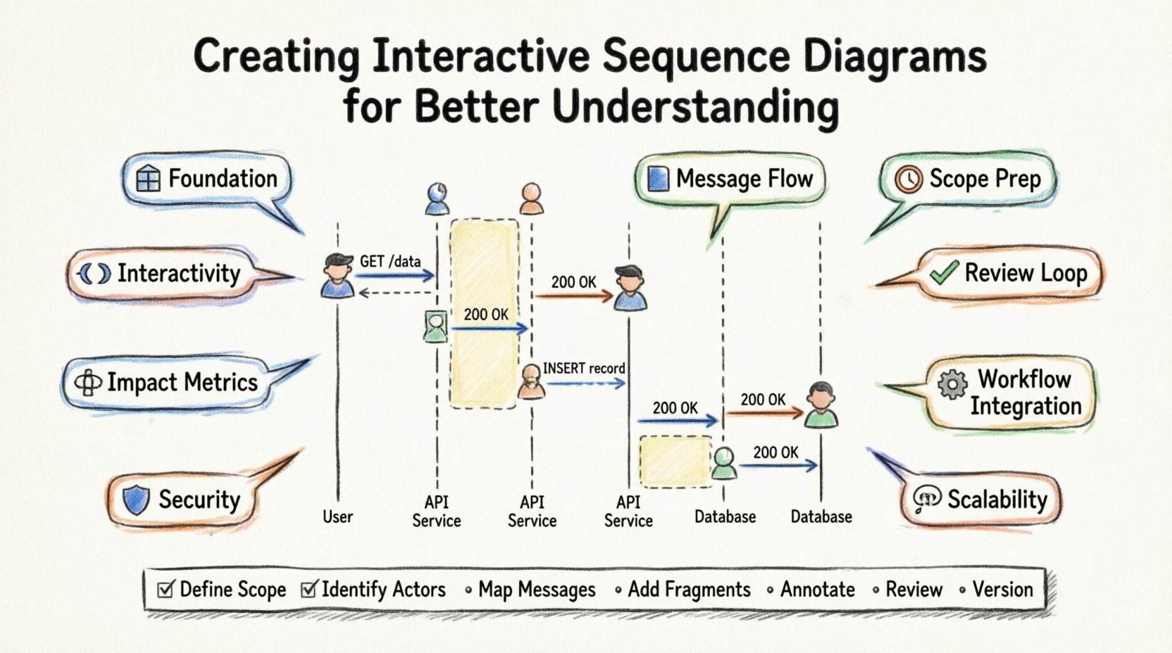 Marker-style infographic illustrating best practices for creating interactive sequence diagrams in software architecture, featuring UML elements like actors, lifelines, messages, activation bars, conditional fragments (alt/opt/loop), annotation techniques, validation workflows, security considerations, and a 7-step creation checklist for clearer system documentation and team collaboration