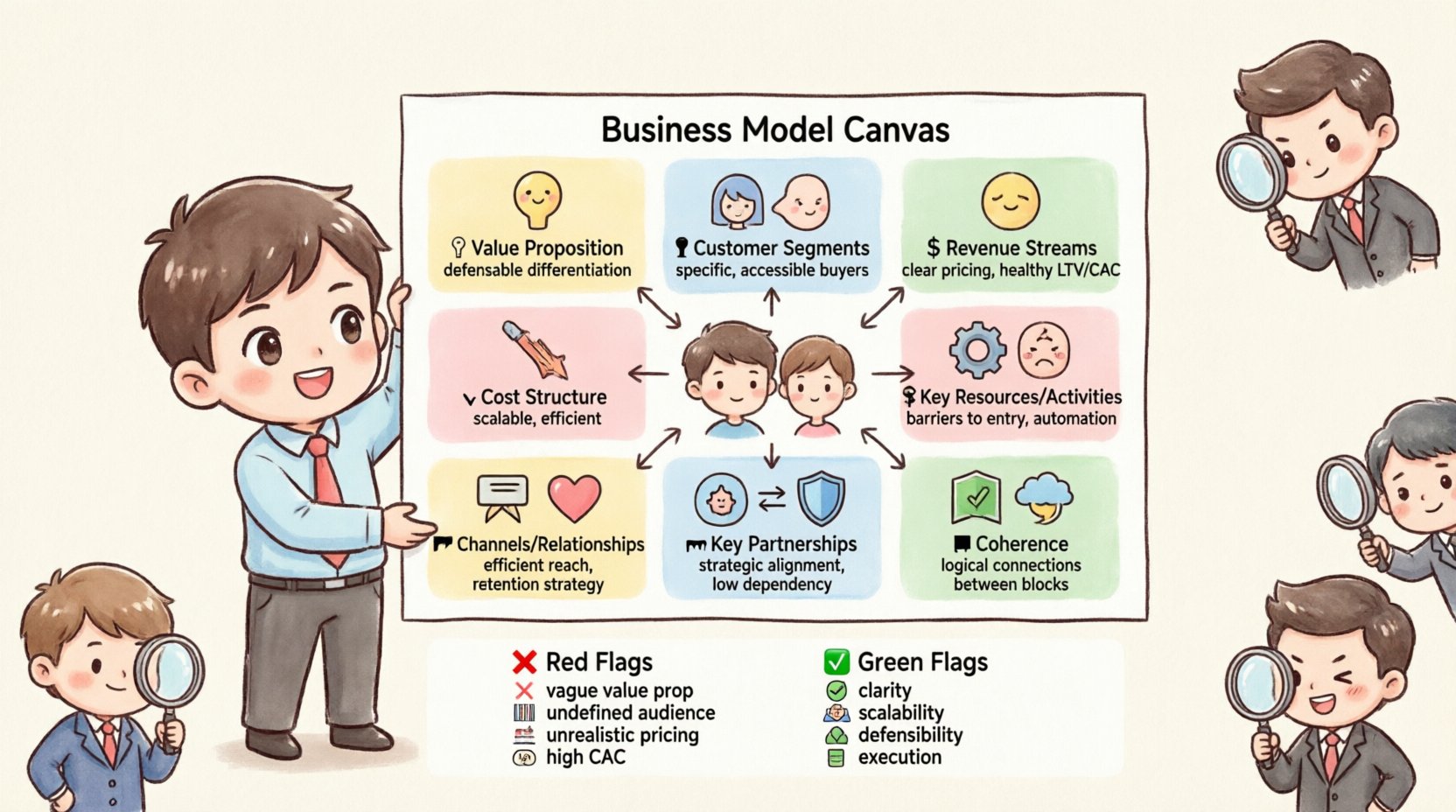 Chibi-style infographic illustrating what investors evaluate in a Business Model Canvas: value proposition with defensible differentiation, specific customer segments, scalable revenue streams and cost structure, key resources and activities, efficient channels and retention strategies, strategic partnerships, and overall logical coherence—plus red flags like vague positioning or high CAC, and green flags like clarity and defensibility