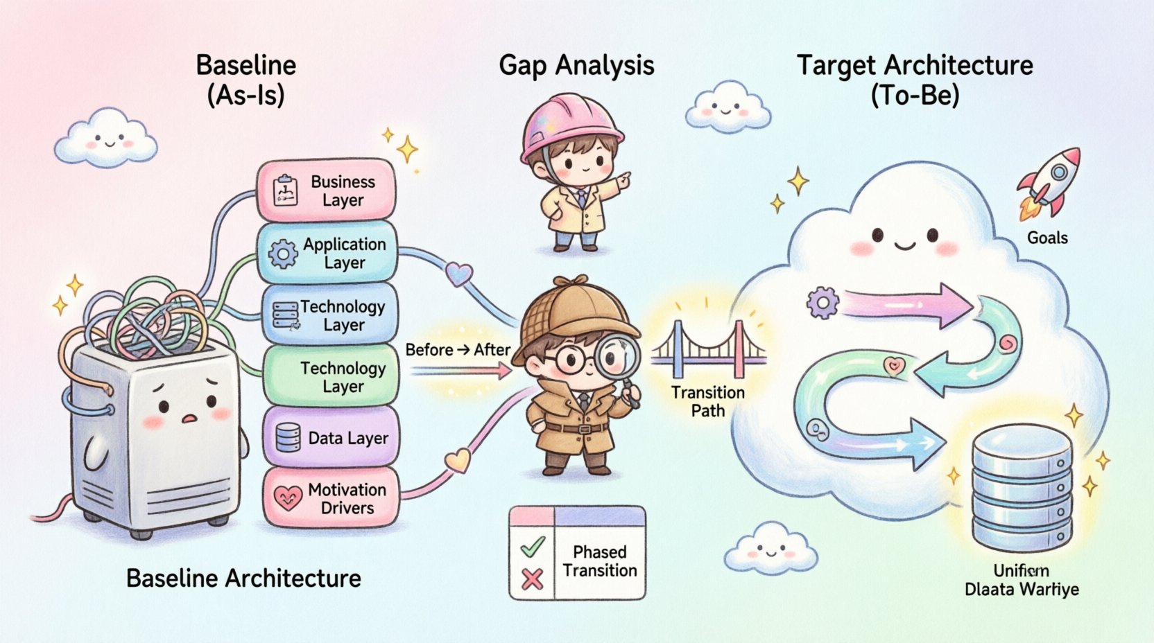 Kawaii-style infographic illustrating ArchiMate enterprise architecture visualization: a cute pastel flow diagram showing Baseline Architecture (current state) with layered business, application, and technology icons on the left; Gap Analysis center section with a detective character and comparison elements identifying capability, technology, and process gaps; and Target Architecture (future state) on the right featuring streamlined cloud services, unified data, and strategic goals; all connected by a friendly bridge representing Transition Architecture, decorated with heart arrows, sparkles, and rounded kawaii design elements, with clear English labels for enterprise architecture planning