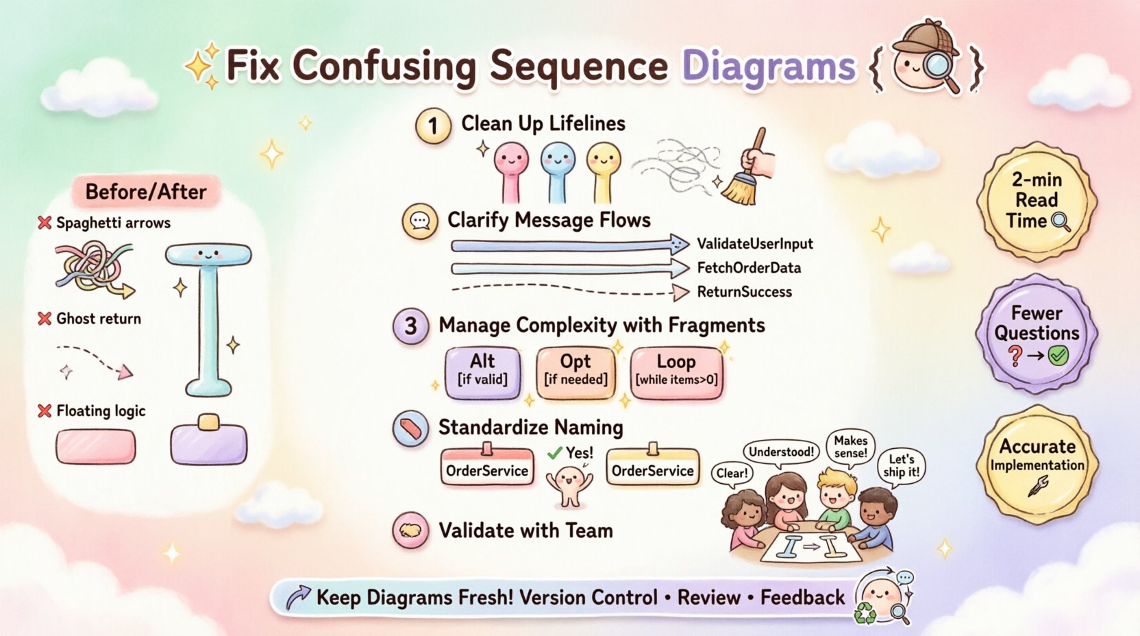 Kawaii-style infographic guide: 5-step process to troubleshoot confusing sequence diagrams - features cute illustrated steps for cleaning lifelines, clarifying message flows, managing complexity with fragments, standardizing naming conventions, and team validation, with pastel colors, friendly icons, before/after examples, and quality metrics for software developers