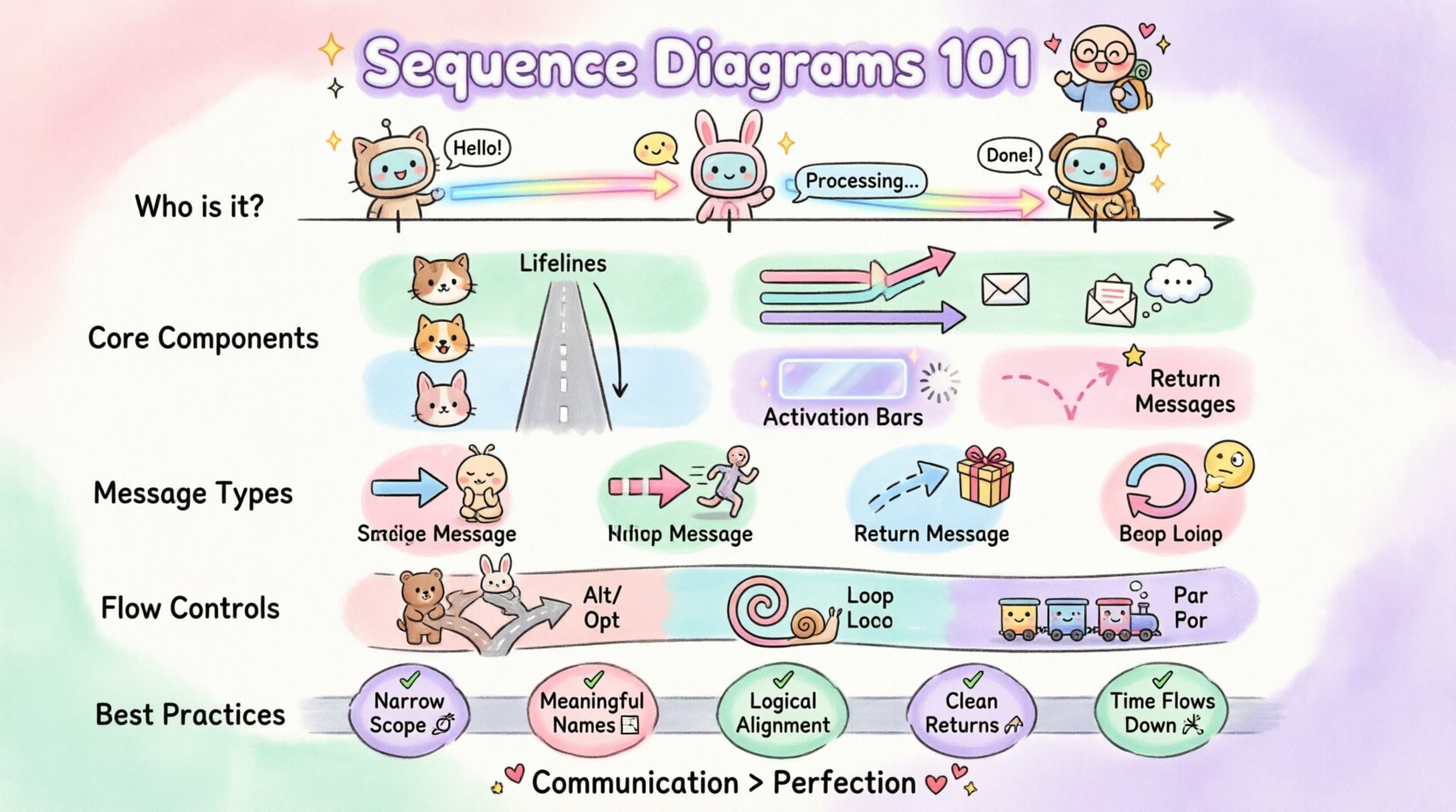 Kawaii-style infographic explaining Sequence Diagrams for beginners: features cute character lifelines, colorful message arrows, activation bars, and flow control fragments (Alt/Opt/Loop/Par); illustrates synchronous vs asynchronous messages, best practices like narrow scope and meaningful names, and when to use sequence diagrams vs other UML diagrams; designed with pastel colors, rounded icons, and playful visuals to make software interaction modeling approachable and fun