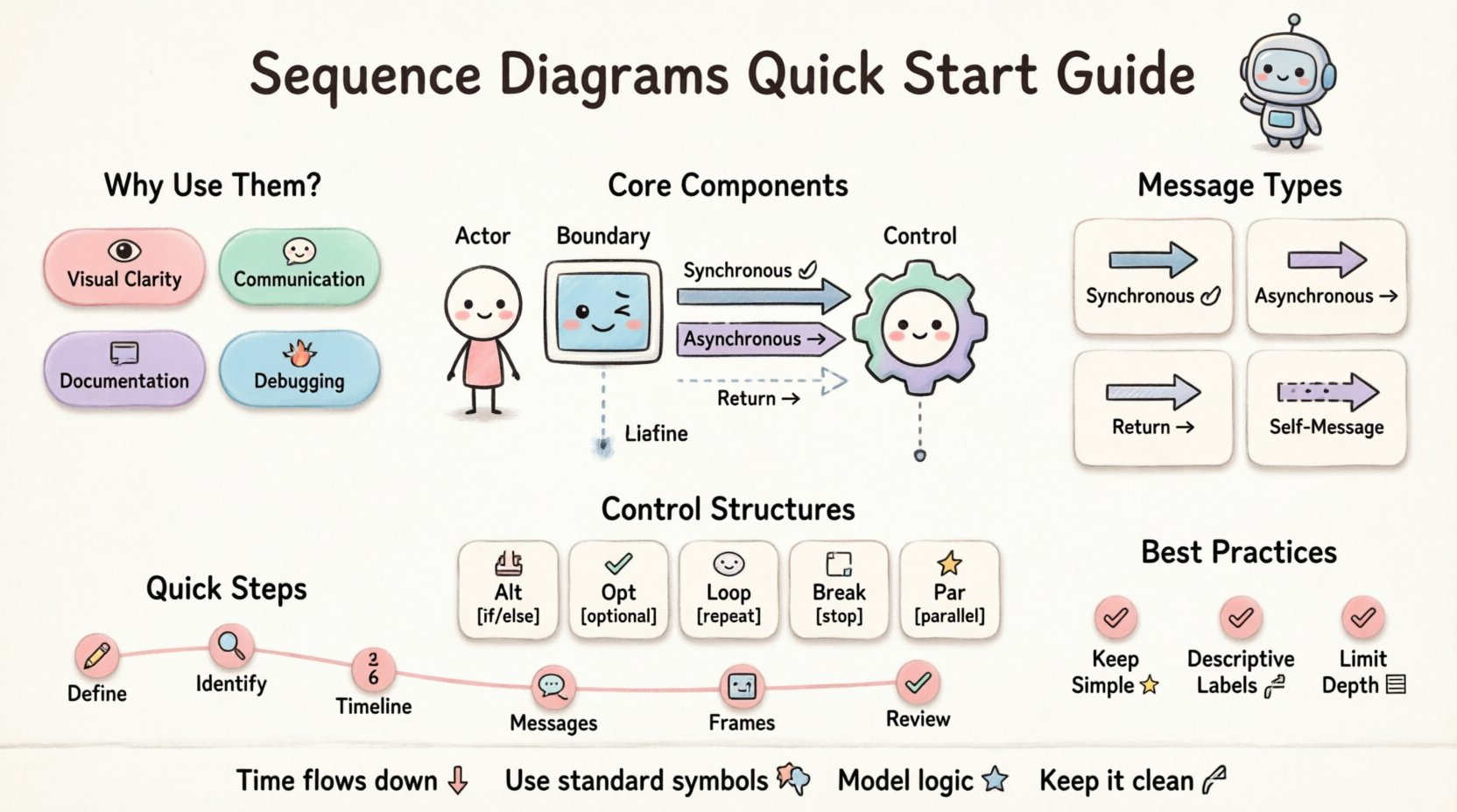 Kawaii cute vector infographic: Quick Start Guide to Sequence Diagrams for New Developers. Features pastel-colored sections explaining why use sequence diagrams (visual clarity, communication, documentation, debugging), core components (participants/lifelines, messages, activation bars), message types (synchronous, asynchronous, return, self-message), control structures (alt, opt, loop, break, par frames), 6-step construction guide, best practices checklist, and key takeaways. Designed with simplified rounded shapes, friendly character icons, and soft pastel palette for approachable developer onboarding.
