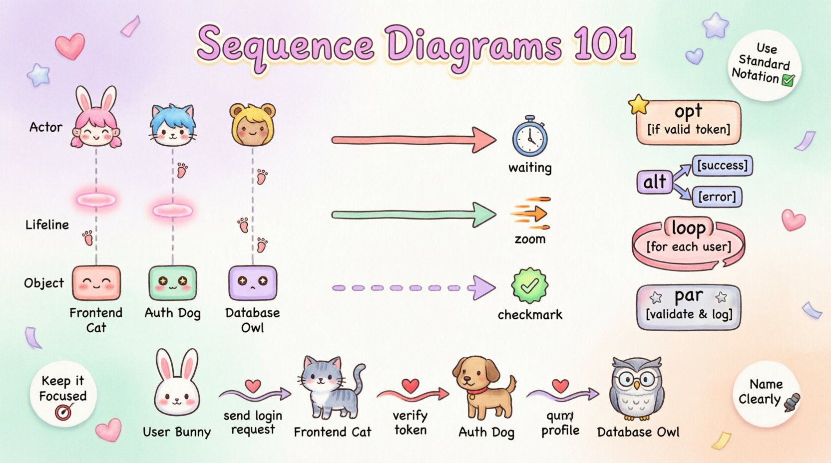 Kawaii-style educational infographic explaining UML sequence diagrams for computer science undergraduates, featuring cute characters representing actors and objects, colorful message arrows showing synchronous and asynchronous communication, combined fragment frames for logic control with opt/alt/loop/par labels, and a simplified user authentication flow example, with best practice tips in a soft pastel color scheme