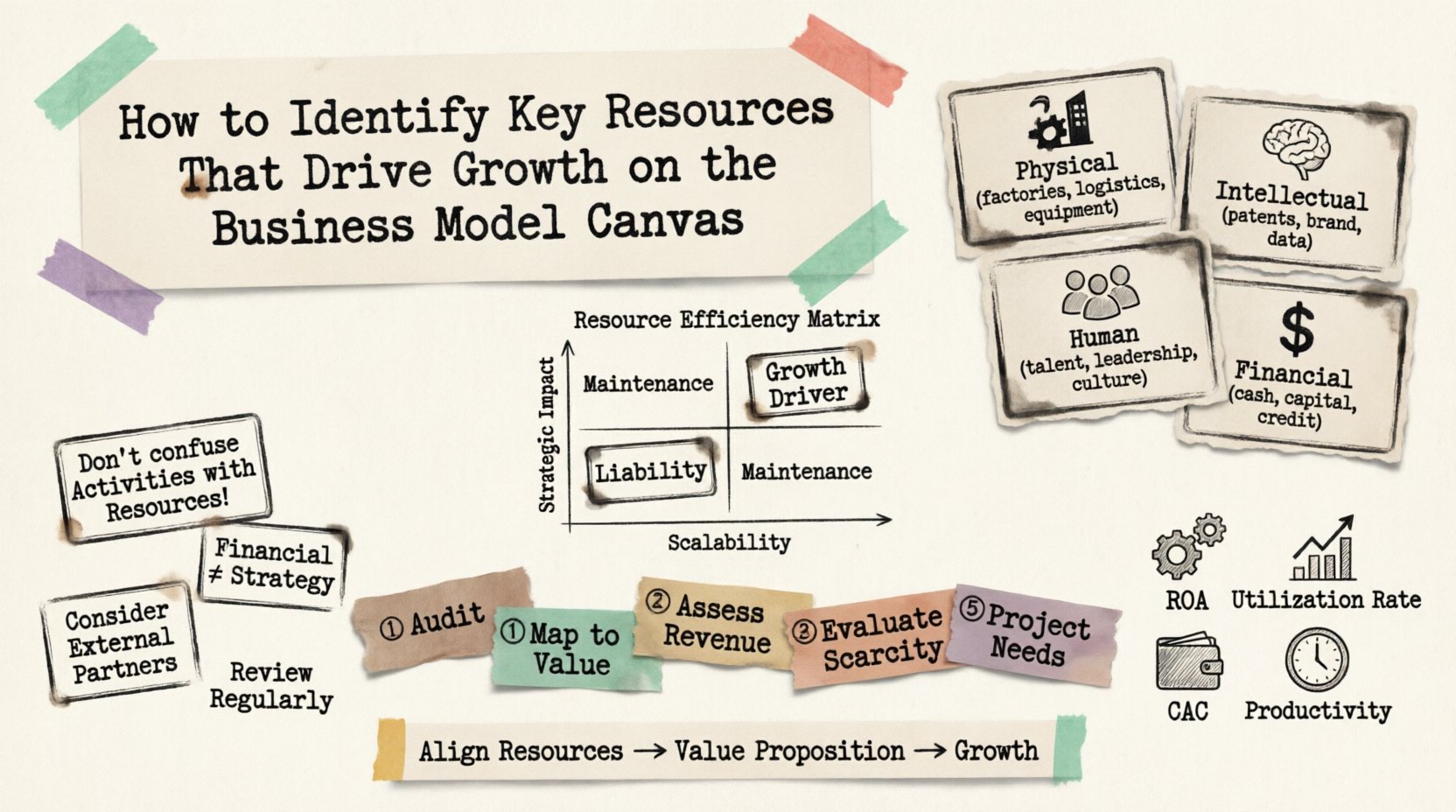 Infographic in stamp and washi tape craft style summarizing how to identify key resources that drive growth on the Business Model Canvas: featuring four resource pillars (Physical, Intellectual, Human, Financial), a Resource Efficiency Matrix plotting scalability vs strategic impact, a 5-step identification process flow, key performance metrics (ROA, utilization rate, CAC, productivity), and warning stamps for common strategic pitfalls