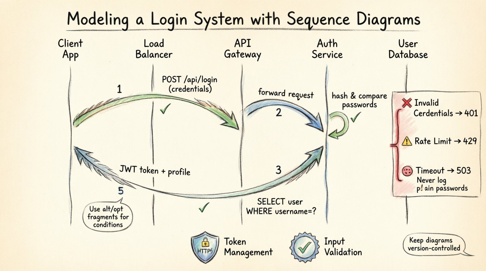Hand-drawn infographic illustrating a real-world login system modeled with UML sequence diagrams, showing five key components (Client Application, Load Balancer, API Gateway, Auth Service, User Database) connected by numbered message arrows depicting the successful authentication flow: credential submission, gateway validation, database lookup, password verification, and JWT token issuance. Includes red-highlighted error handling branches for invalid credentials, rate limiting, and network timeouts, plus security badges for HTTPS, token management, and input validation. Sketch-style aesthetic with handwritten labels, color-coded pathways, and best practice callouts on a warm paper-texture background, designed to help developers visualize authentication architecture and security considerations.
