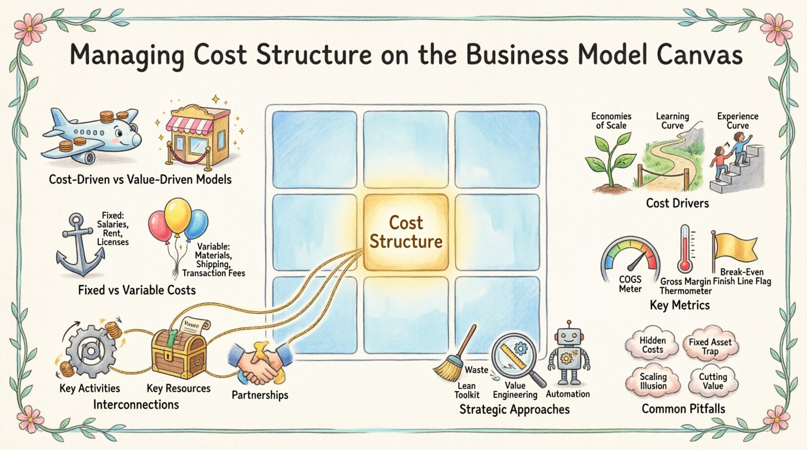 Whimsical infographic illustrating cost structure management on the Business Model Canvas, showing fixed vs variable costs, cost-driven vs value-driven models, key cost drivers like economies of scale and learning curves, strategic approaches including lean operations and automation, essential metrics like COGS and break-even point, and common pitfalls to avoid for sustainable financial viability