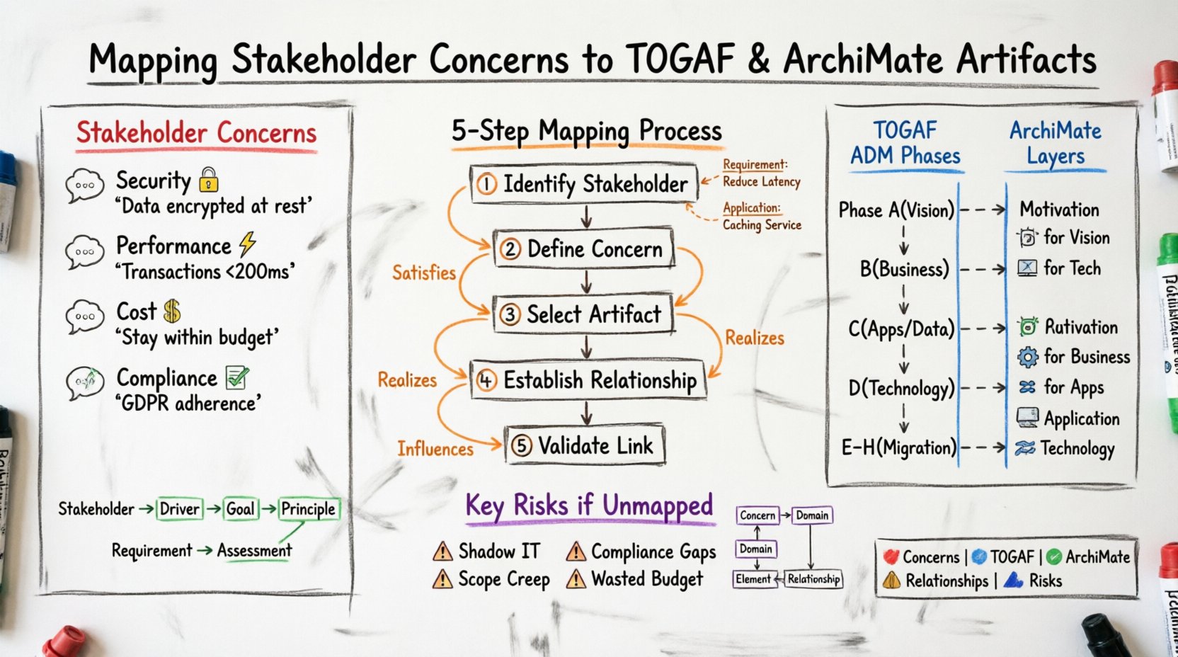 Hand-drawn whiteboard infographic illustrating how to map stakeholder concerns to TOGAF ADM phases and ArchiMate modeling layers, featuring color-coded sections for concerns (red), TOGAF domains (blue), ArchiMate elements (green), mapping relationships (orange), and risk warnings (purple), with a central 5-step process flow and practical examples for enterprise architecture alignment