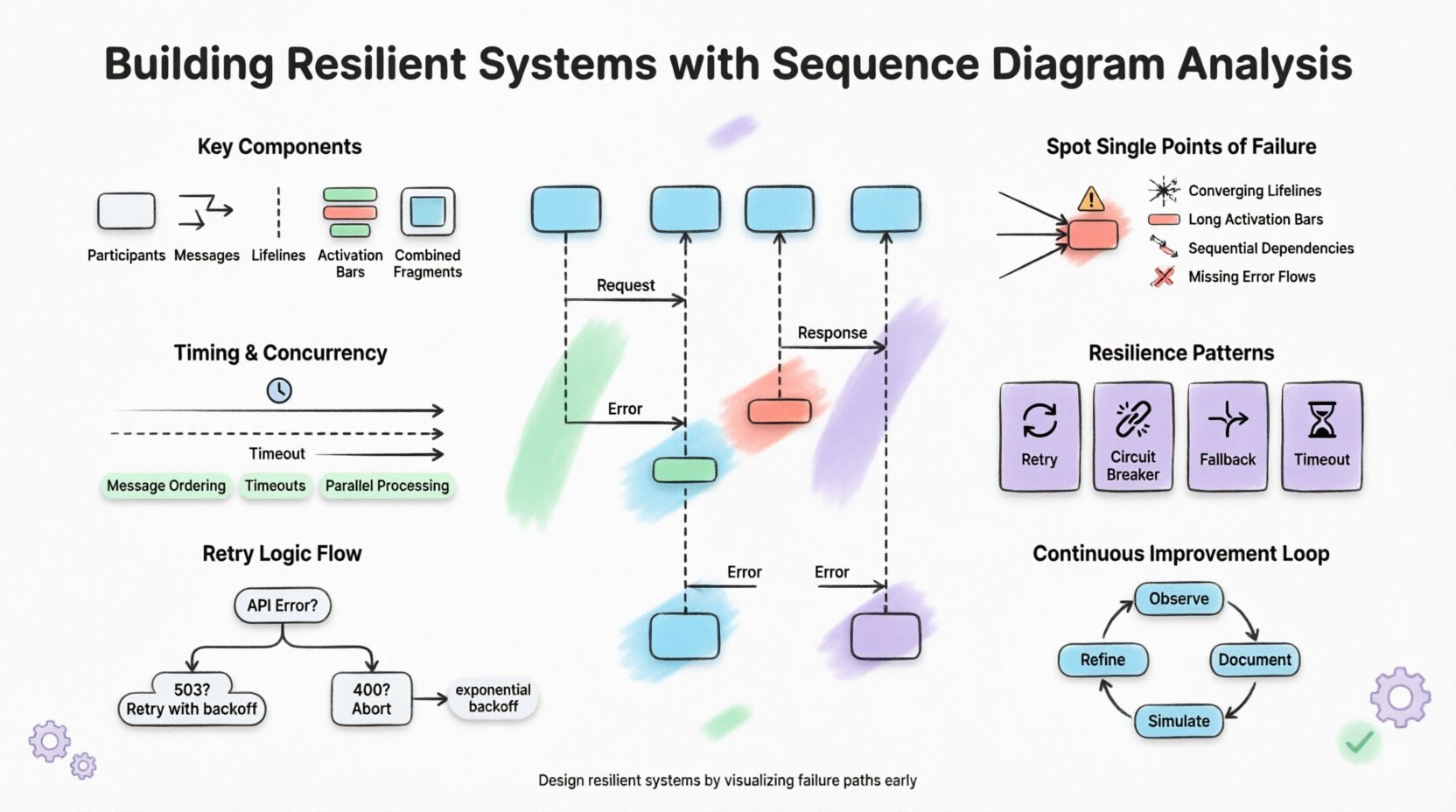 Infographic: Building Resilient Systems with Sequence Diagram Analysis - Flat design illustration showing sequence diagram components (participants, messages, lifelines, activation bars), techniques for identifying single points of failure, timing and concurrency analysis, embedded resilience patterns (retry, circuit breaker, fallback, timeout), retry logic with exponential backoff, cross-system communication boundaries, and a continuous improvement loop (observe-document-simulate-refine). Clean pastel color scheme with black outlines, rounded shapes, and ample white space for educational use.