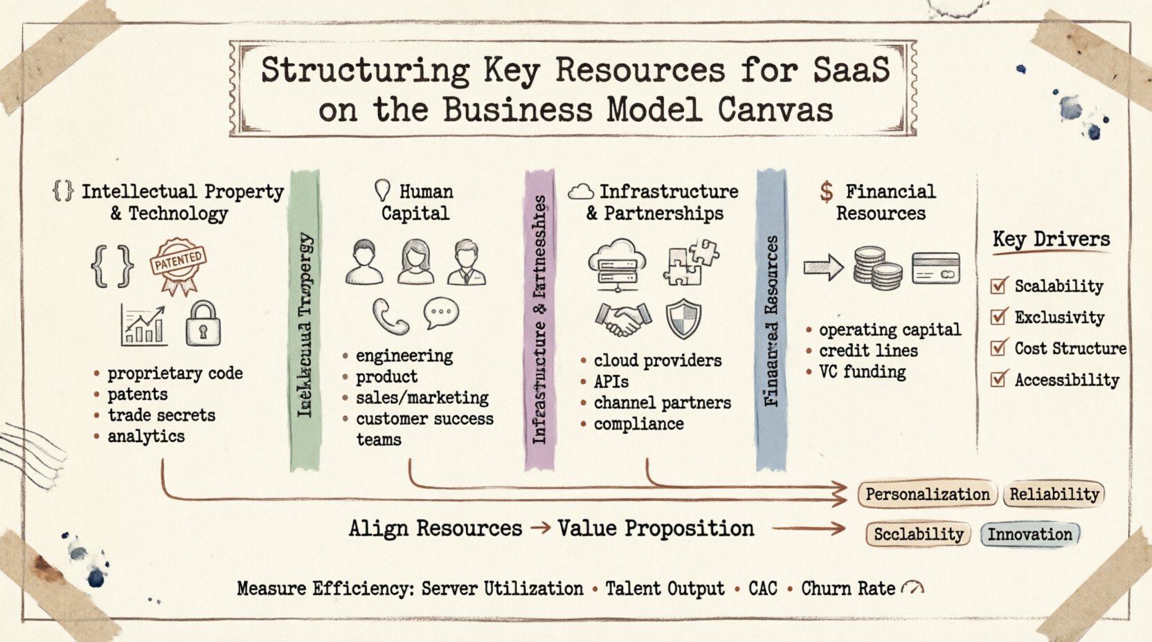 Infographic in stamp and washi tape style summarizing Key Resources for SaaS on the Business Model Canvas: four categories (Intellectual Property & Technology, Human Capital, Infrastructure & Partnerships, Financial Resources), key drivers (scalability, exclusivity, cost, accessibility), alignment with value propositions, and efficiency metrics for SaaS business strategy