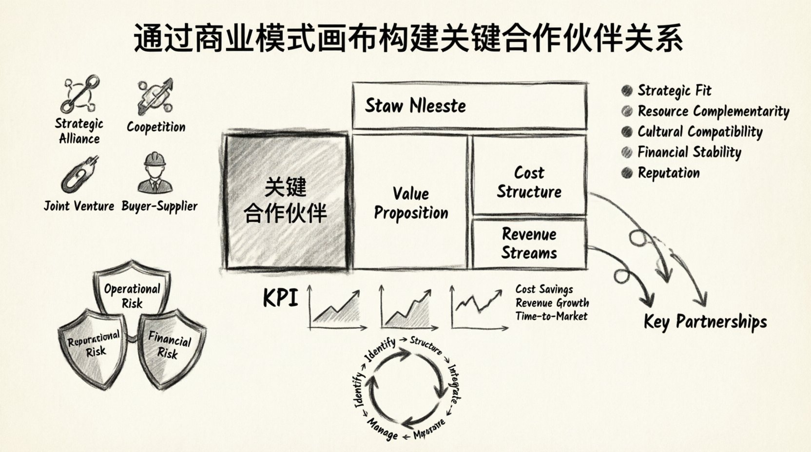 Charcoal sketch infographic illustrating how to secure key partnerships using the Business Model Canvas, featuring partnership types, alignment criteria, risk management strategies, and performance metrics in a 16:9 educational layout