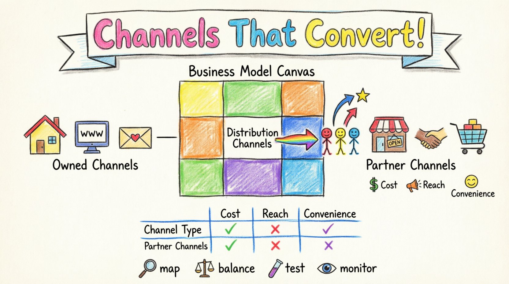 Child-style crayon infographic summarizing how to select converting distribution channels on the Business Model Canvas, featuring owned vs partner channels, customer segment alignment, reach vs cost metrics, and key optimization actions in playful hand-drawn art