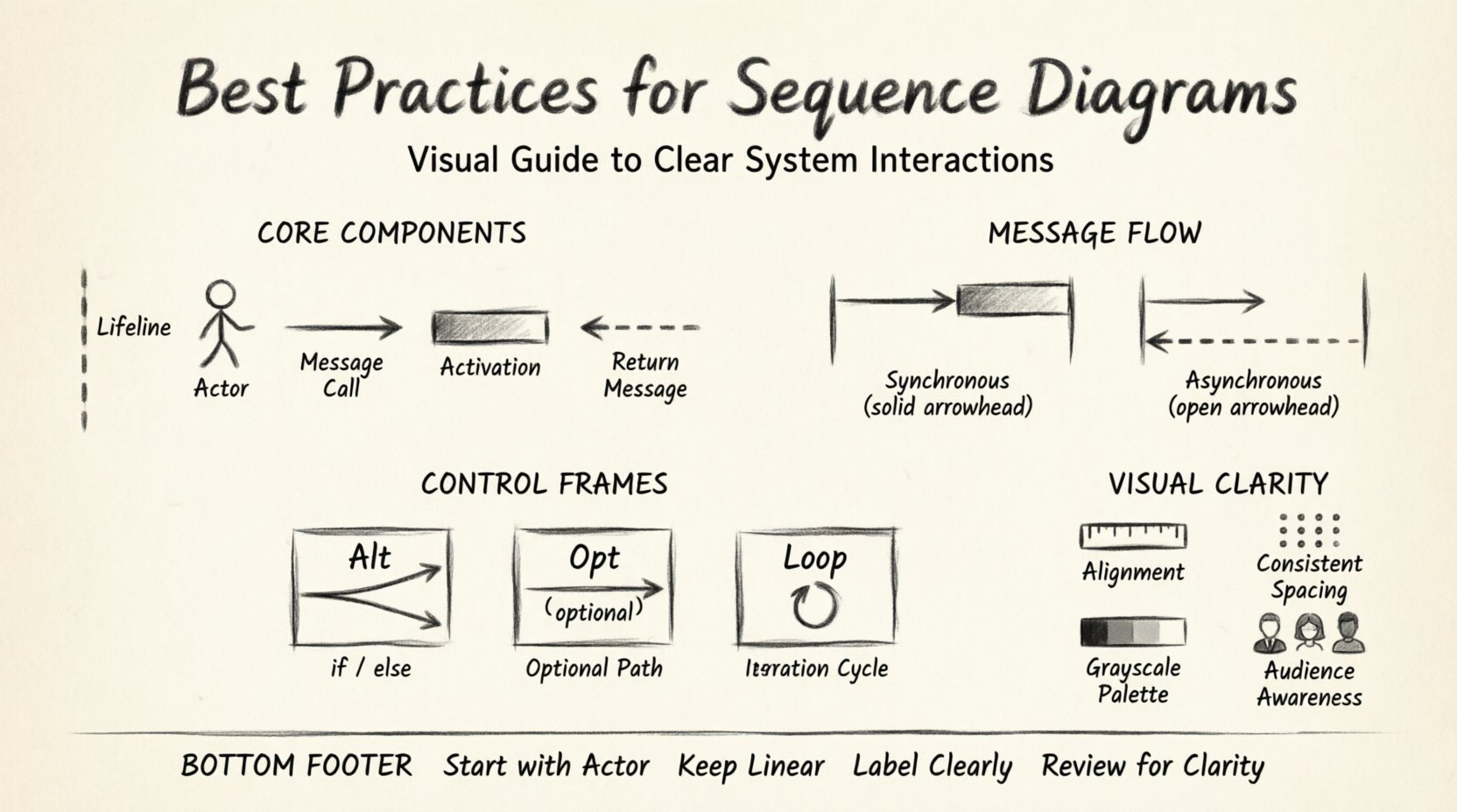 Charcoal contour sketch infographic illustrating best practices for creating clear sequence diagrams, featuring hand-drawn visual guides for core components (lifelines, actors, messages, activation bars), synchronous vs asynchronous message flows, control frames (Alt/Opt/Loop), visual clarity tips, and audience-specific customization strategies for technical documentation