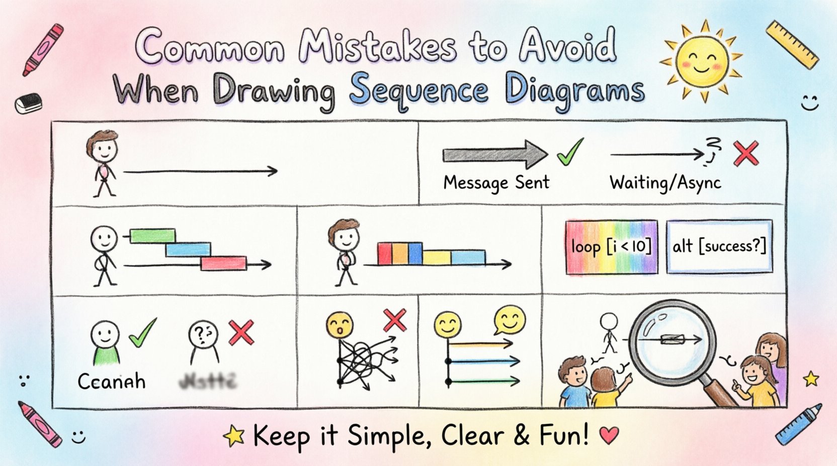 Child's drawing style infographic illustrating common mistakes to avoid when creating UML sequence diagrams, including lifeline errors, message flow confusion, activation bar misuse, fragment nesting, layout issues, naming conventions, and review best practices, with playful do/don't visual comparisons in crayon art style