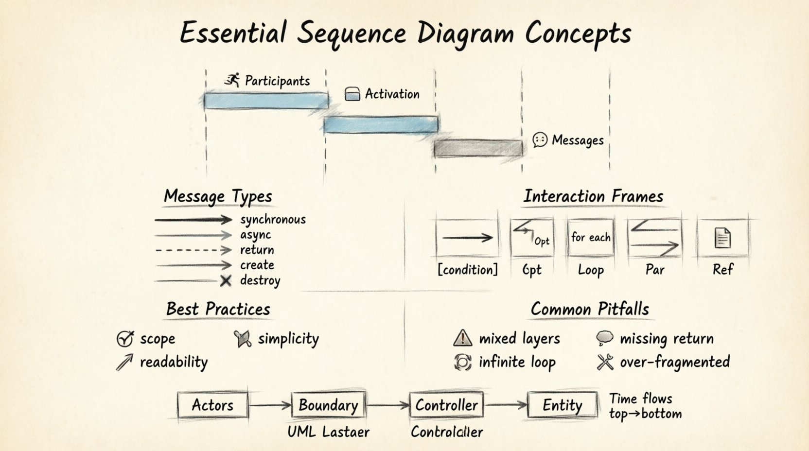 Hand-drawn sketch infographic illustrating essential UML sequence diagram concepts for software engineering students: lifelines, activation bars, message types (synchronous, asynchronous, return), interaction frames (Alt, Opt, Loop, Par, Ref), best practices, and common pitfalls, with time flowing top-to-bottom in a clean educational layout